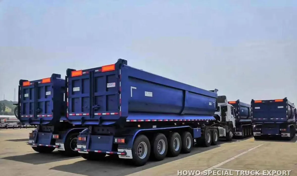 Dump semi-trailers lined up at our factory, ready for export