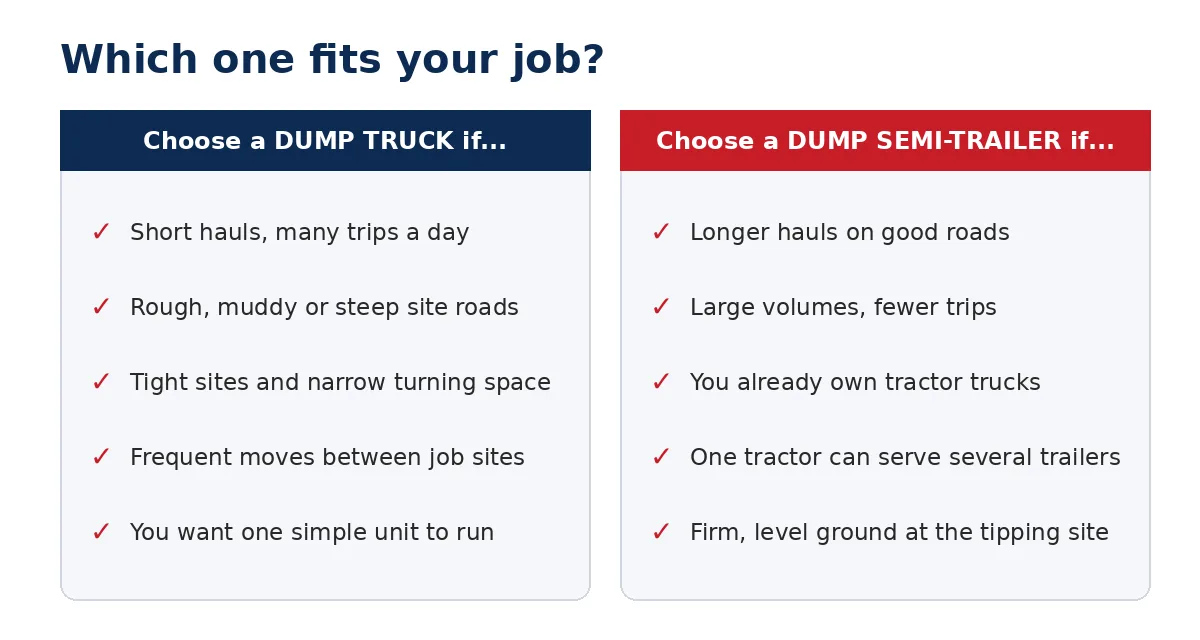 Decision guide: when to choose a dump truck and when to choose a dump semi-trailer