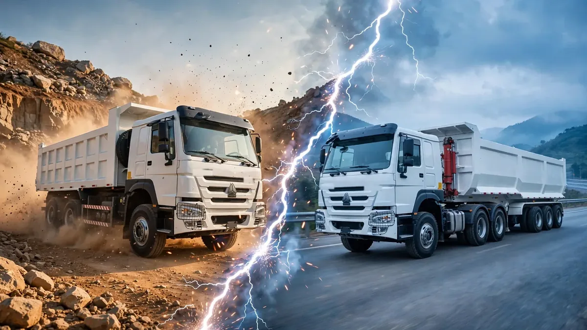 Illustration: a dump truck at a mine site facing a tractor truck with a 4-axle dump semi-trailer on a highway, split by a lightning bolt