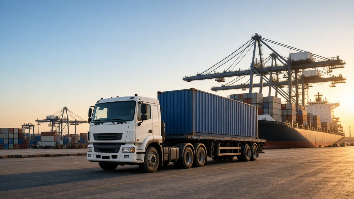 Tracteur routier avec un conteneur bleu sur une semi-remorque plateau dans un port à conteneurs
