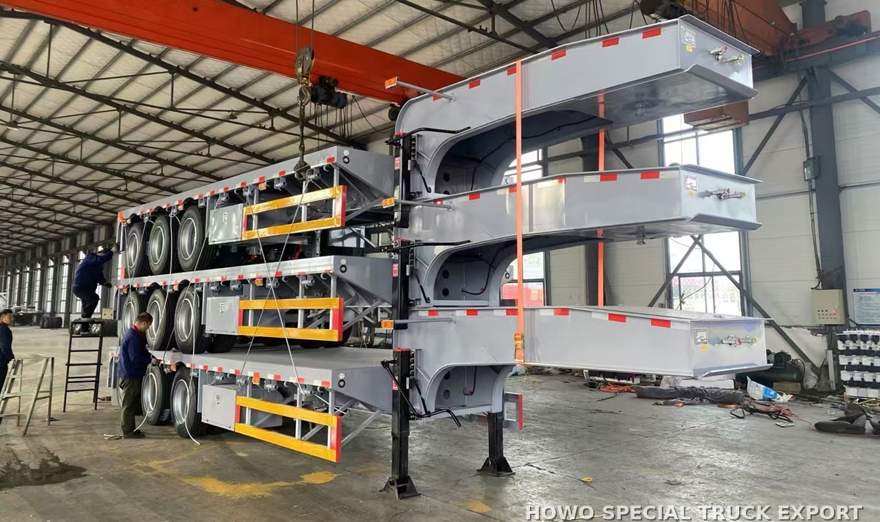 Semi-remorque surbaissée porte-engins 3 essieux 60 t 3 AXLE 60TON LOWBED TRAILER — traitement anticorrosion par cire et préparation pour l’expédition maritime en RORO