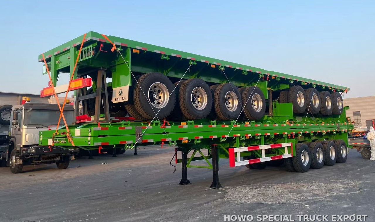 Semi-remorque à ridelles 4 essieux 80 tonnes 4 AXLE FENCE TRAILER 80TON — traitement anticorrosion par cire et préparation pour l’expédition maritime en RORO