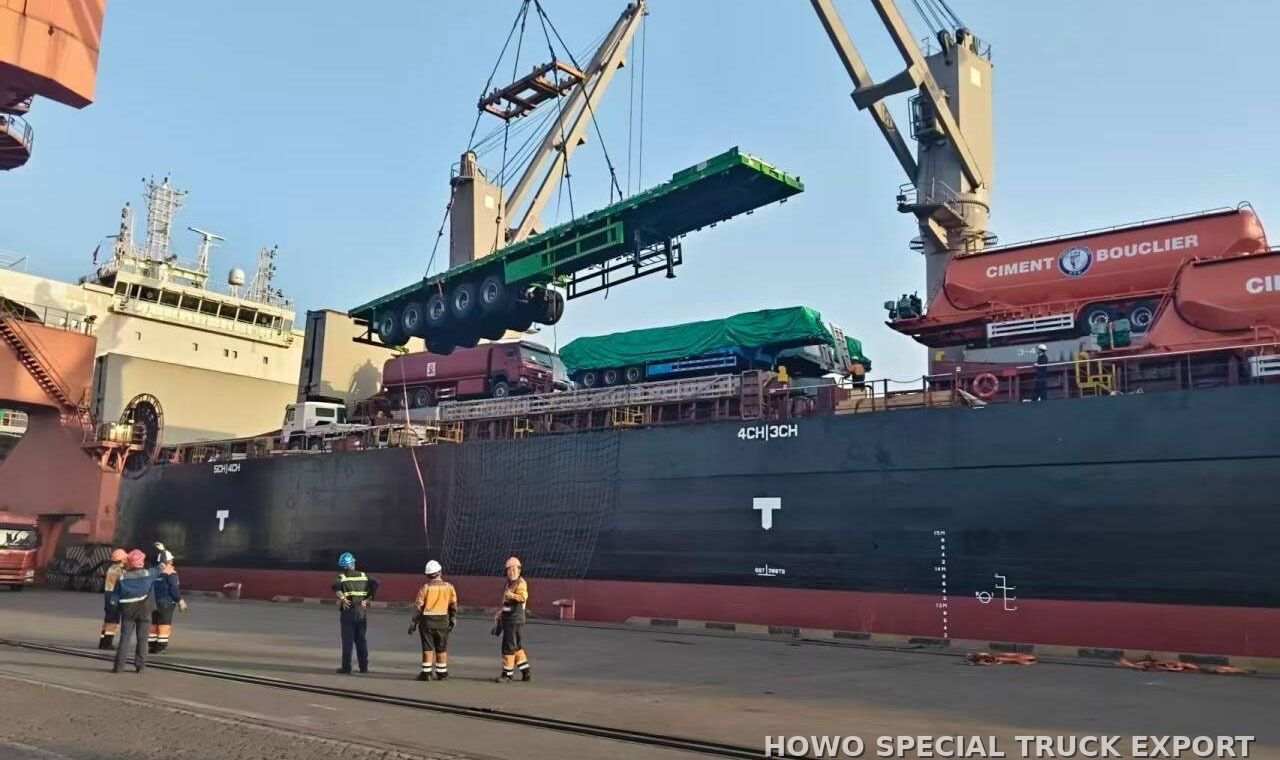 Semi-remorque plateau porte-conteneurs 4 essieux 4 AXLE FLATBED CONTAINER TRAILER — traitement anticorrosion par cire et préparation pour l’expédition maritime en RORO