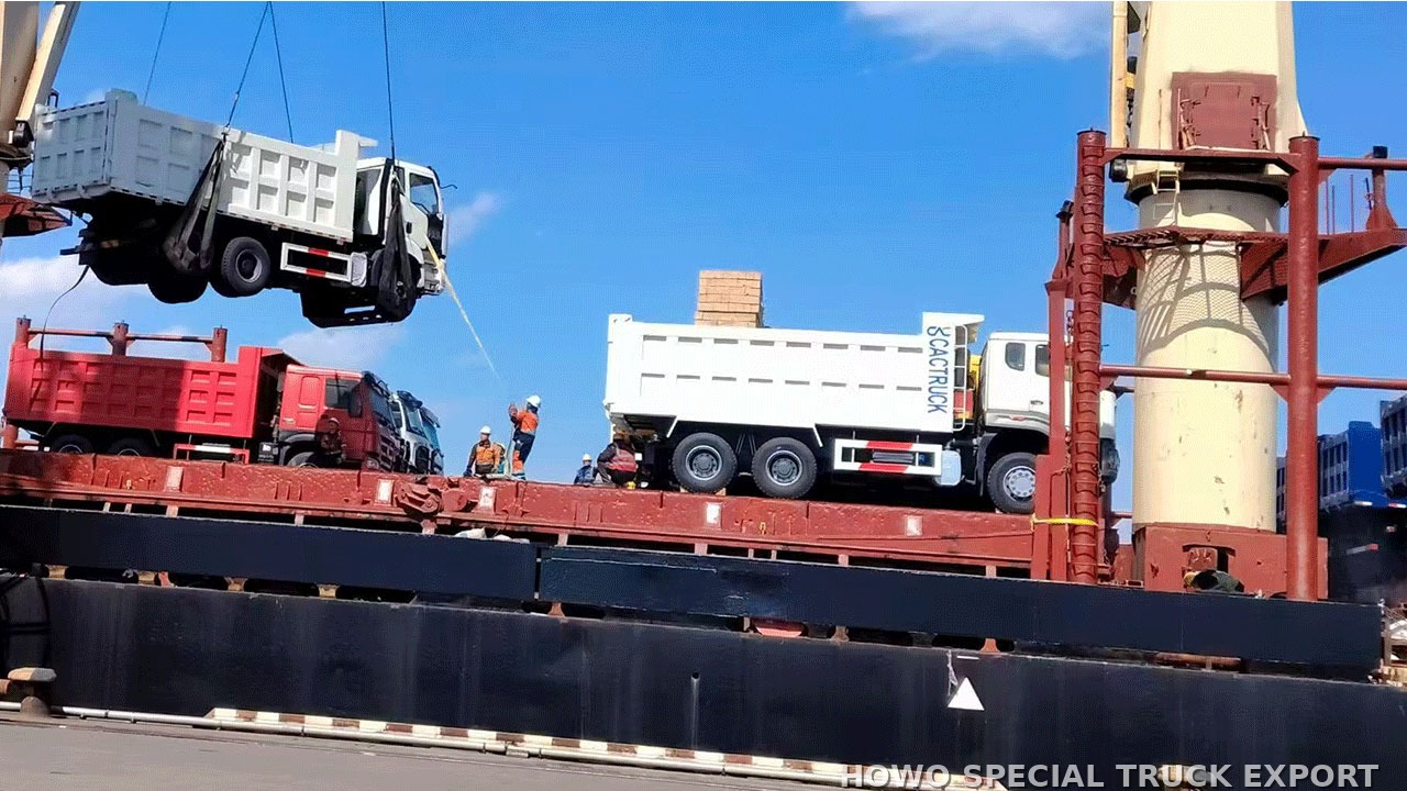 Camion-benne HOWO 6x4 371 ch HOWO 6X4 DUMP TRUCK 371HP — traitement anticorrosion par cire et préparation pour l’expédition maritime en RORO