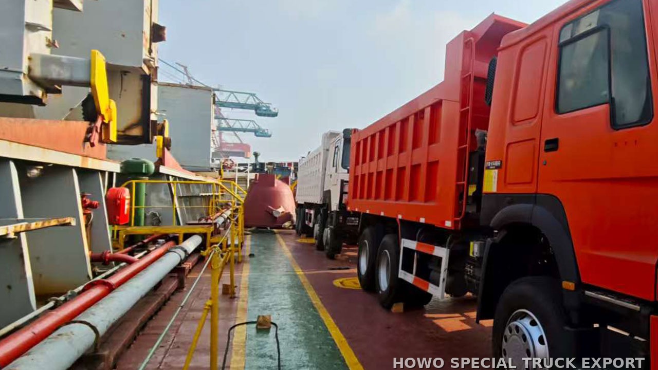 Camion-benne HOWO NX 8x4 400 ch HOWO NX 8X4 DUMP TRUCK 400HP — traitement anticorrosion par cire et préparation pour l’expédition maritime en RORO